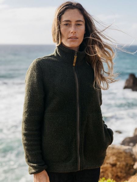 Budock Ull Dragkedja Genom Fleece Mörk Oliv Finisterre