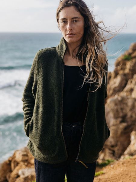 Budock Ull Dragkedja Genom Fleece Mörk Oliv Finisterre