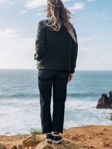 Budock Ull Dragkedja Genom Fleece Mörk Oliv Finisterre